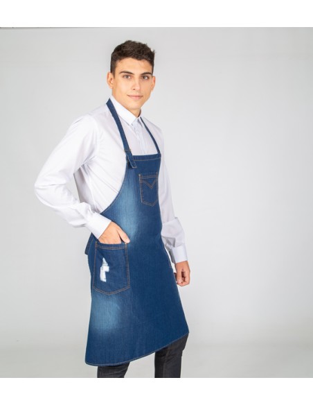 Delantal con peto lavado tejano añil bolsillo desgastado 80 X 82 cm