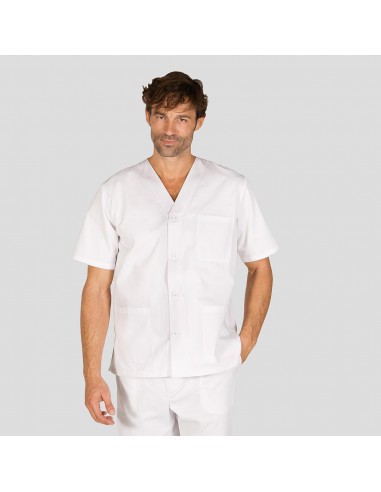 Blusa sanitario con pico y botones de color blanco.